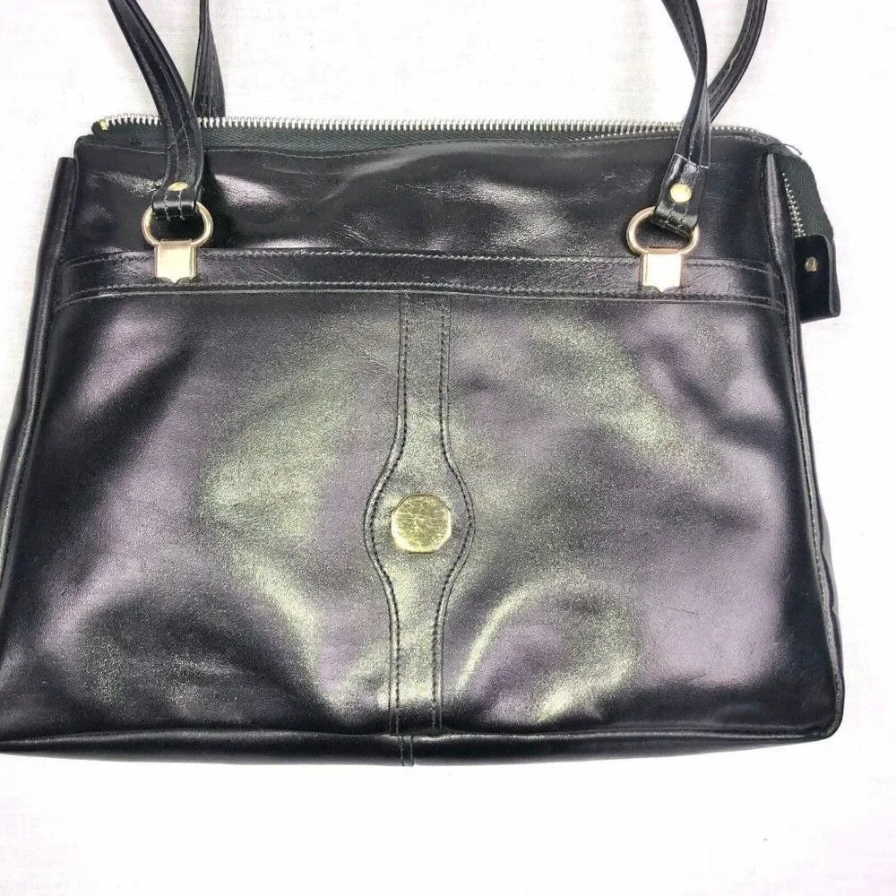 Vintage 60s Mod Womens Pocketbook Black Leather Purse Tote